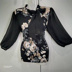 Atelier 29 Black & Tan Floral Long Shear Sleeve Pullover Bow Gromet Blouse NWT S